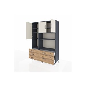 Hyperion Dolap 8 Raflı 5 Çekmeceli 3 Kapaklı 132x44x195 Antrasit-aytaşı/çam