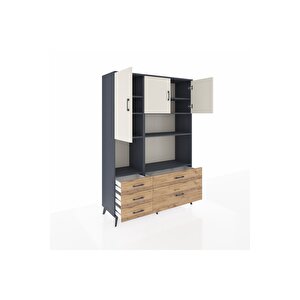Hyperion Dolap 8 Raflı 5 Çekmeceli 3 Kapaklı 132x44x195 Antrasit-aytaşı/çam