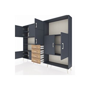 Arges Dolap 10 Raflı 4 Çekmeceli 8 Kapaklı 220x30x163 Antrasit-antrasit/çam