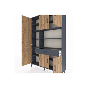 Arges Dolap 10 Raflı Tek Çekmeceli 6 Kapaklı 132x30x195 Antrasit-çam/antrasit