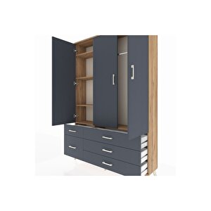 Arges Gardrop 5 Raflı 5 Çekmeceli Tek Askılı 132x30x195 Çam-antrasit