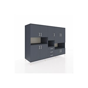 Kronos Dolap 13 Raflı 3 Çekmeceli 9 Kapaklı 220x59x163 Antrasit-antrasit