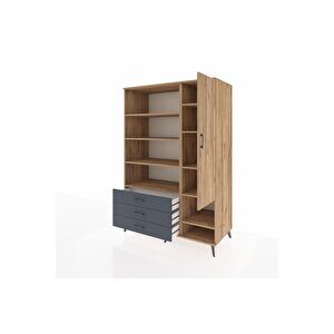 Kronos Dolap 9 Raflı 3 Çekmeceli Tek Kapaklı  132x59x195 Çam-çam/antrasit