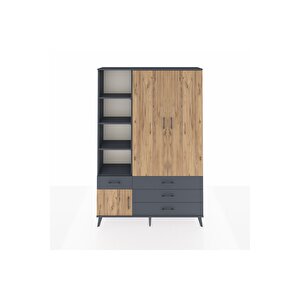Arges Dolap 5 Raflı 4 Çekmeceli Tek Askılı 132x30x195 Antrasit-çam/antrasit