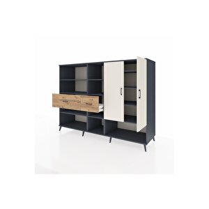 Kronos Dolap 10 Raflı 2 Çekmeceli 2 Kapaklı 220x59x163 Antrasit-aytaşı/çam