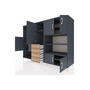 Kronos Dolap 9 Raflı 4 Çekmeceli 8 Kapaklı 220x59x163 Antrasit-antrasit/çam