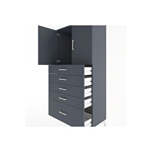 Hyperion Dolap Tek Raflı 5 Çekmeceli 2 Kapaklı 88x44x182 Antrasit-antrasit