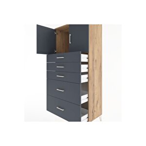 Hyperion Dolap Tek Raflı 5 Çekmeceli 2 Kapaklı 88x44x182 Çam-antrasit