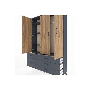 Arges Dolap 5 Raflı 5 Çekmeceli Tek Askılı 132x30x195 Antrasit-çam/antrasit