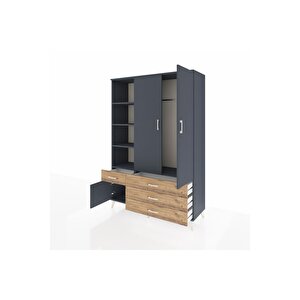 Hyperion Dolap 5 Raflı 4 Çekmeceli Tek Askılı 132x44x195 Antrasit-antrasit/çam