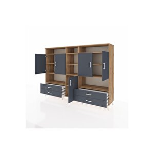 Hyperion Dolap 12 Raflı 4 Çekmeceli 5 Kapaklı 220x44x163 Çam-antrasit