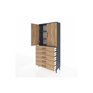 Arges Dolap 3 Raflı 5 Çekmeceli 2 Kapaklı 88x30x182 Antrasit-çam