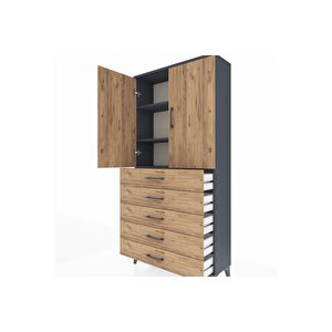 Arges Dolap 3 Raflı 5 Çekmeceli 2 Kapaklı 88x30x182 Antrasit-çam