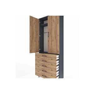 Arges Dolap 2 Raflı 5 Çekmeceli Tek Askılı 88x30x221 Antrasit-çam