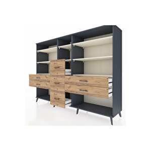 Hyperion Dolap 8 Raflı 7 Çekmeceli  220x44x163 Antrasit-aytaşı/çam