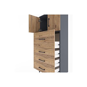 Arges Dolap Tek Raflı 4 Çekmeceli 2 Kapaklı 60x30x134 Antrasit-çam