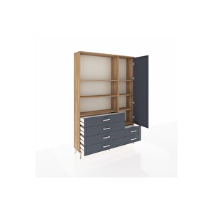 Arges Gardrop 7 Raflı 6 Çekmeceli Tek Kapaklı  132x30x195 Çam-antrasit