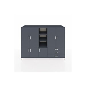 Kronos Dolap 11 Raflı 3 Çekmeceli 7 Kapaklı 220x59x163 Antrasit-antrasit