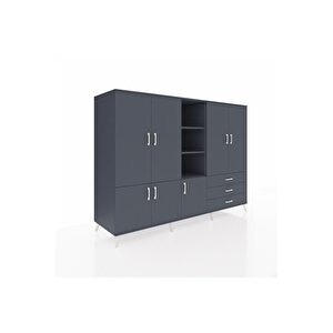 Kronos Dolap 11 Raflı 3 Çekmeceli 7 Kapaklı 220x59x163 Antrasit-antrasit