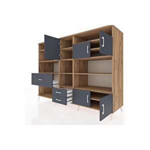 Kronos Dolap 13 Raflı 3 Çekmeceli 5 Kapaklı 220x59x163 Çam-antrasit