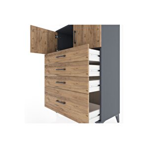 Hyperion Dolap Tek Raflı 4 Çekmeceli 2 Kapaklı 88x44x134 Antrasit-çam