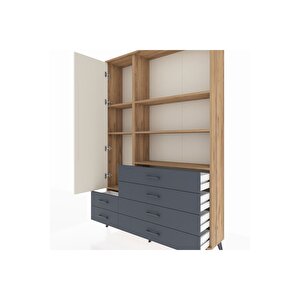 Arges Dolap 7 Raflı 6 Çekmeceli Tek Kapaklı  132x30x195 Çam-aytaşı/antrasit