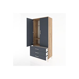 Hyperion Dolap 2 Raflı 3 Çekmeceli Tek Askılı 88x44x195 Çam-antrasit