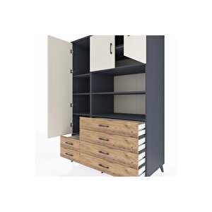 Kronos Dolap 8 Raflı 6 Çekmeceli 3 Kapaklı 132x59x195 Antrasit-aytaşı/çam