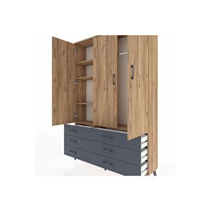 Arges Dolap 5 Raflı 6 Çekmeceli Tek Askılı 132x30x195 Çam-çam/antrasit