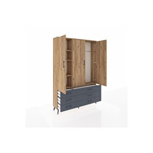 Arges Dolap 5 Raflı 6 Çekmeceli Tek Askılı 132x30x195 Çam-çam/antrasit