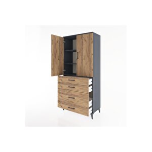 Hyperion Dolap 3 Raflı 4 Çekmeceli 2 Kapaklı 88x44x195 Antrasit-çam