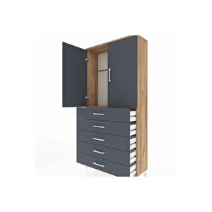 Arges Dolap Tek Raflı 5 Çekmeceli Tek Askılı 88x30x182 Çam-antrasit