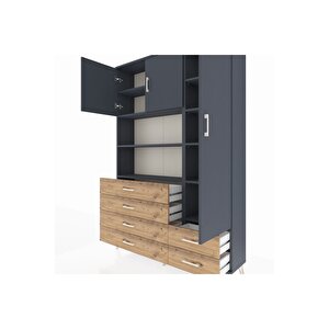 Arges Dolap 9 Raflı 6 Çekmeceli 3 Kapaklı 132x30x195 Antrasit-antrasit/çam