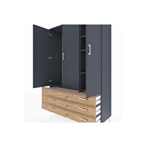 Hyperion Dolap 5 Raflı 6 Çekmeceli Tek Askılı 132x44x195 Antrasit-antrasit/çam