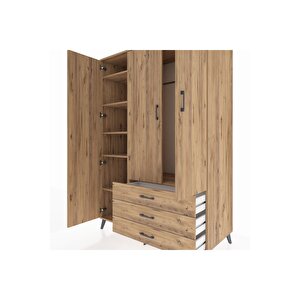 Kronos Dolap 6 Raflı 3 Çekmeceli Tek Askılı 132x59x195 Çam-çam/çam