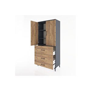 Hyperion Dolap 3 Raflı 3 Çekmeceli 2 Kapaklı 88x44x195 Antrasit-çam