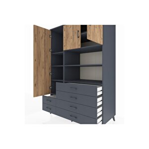 Kronos Dolap 8 Raflı 6 Çekmeceli 3 Kapaklı 132x59x195 Antrasit-çam/antrasit