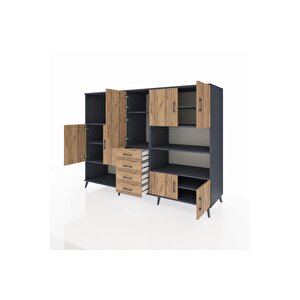 Kronos Dolap 9 Raflı 4 Çekmeceli 8 Kapaklı 220x59x163 Antrasit-çam