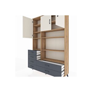Arges Dolap 9 Raflı 6 Çekmeceli 3 Kapaklı 132x30x195 Çam-aytaşı/antrasit