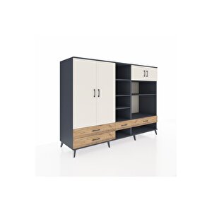 Kronos Dolap 12 Raflı 4 Çekmeceli 4 Kapaklı 220x59x163 Antrasit-aytaşı/çam