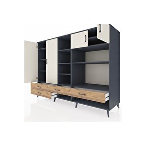 Kronos Dolap 12 Raflı 4 Çekmeceli 4 Kapaklı 220x59x163 Antrasit-aytaşı/çam