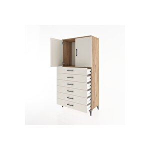 Hyperion Dolap Tek Raflı 6 Çekmeceli 2 Kapaklı 88x44x182 Çam-aytaşı