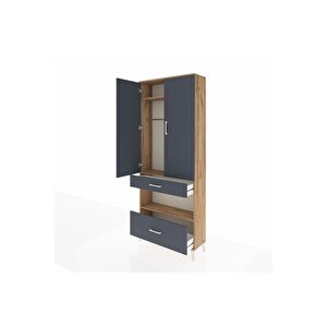 Arges Dolap 3 Raflı 2 Çekmeceli Tek Askılı 88x30x221 Çam-antrasit