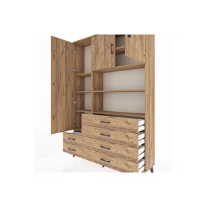 Arges Gardrop 8 Raflı 6 Çekmeceli 3 Kapaklı 132x30x195 Çam-çam