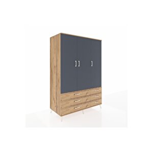 Kronos Dolap 5 Raflı 6 Çekmeceli Tek Askılı 132x59x195 Çam-antrasit/çam