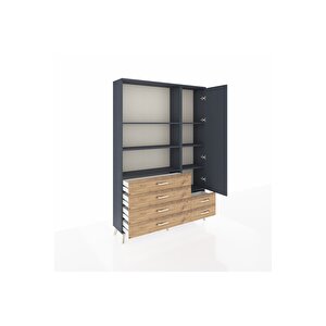 Arges Dolap 7 Raflı 6 Çekmeceli Tek Kapaklı  132x30x195 Antrasit-antrasit/çam