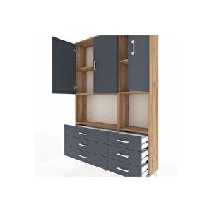 Arges Gardrop 6 Raflı 6 Çekmeceli 3 Kapaklı 132x30x195 Çam-antrasit