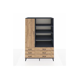 Kronos Dolap 8 Raflı 6 Çekmeceli Tek Kapaklı  132x59x195 Antrasit-çam/çam