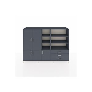 Hyperion Dolap 11 Raflı 3 Çekmeceli 5 Kapaklı 220x44x163 Antrasit-antrasit