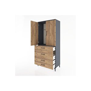 Hyperion Dolap Tek Raflı 4 Çekmeceli Tek Askılı 88x44x195 Antrasit-çam